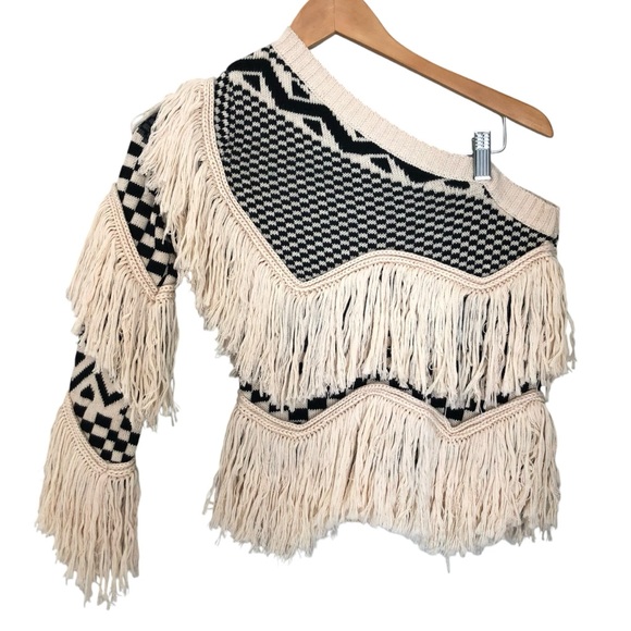 House of Harlow Revolve Noa Sweater in Bone Fringe Off Shoulder XXS Wool Party - Picture 4 of 13